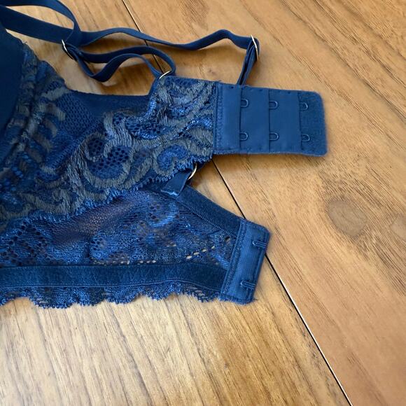 Natori Bra 32DD Feathers Plunge T Shirt Navy Gray Underwire Lace 730023 - Picture 9 of 13